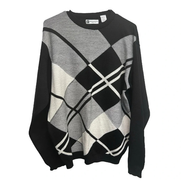 Vintage 90s Bachrach Wool Argyle Geometric Crewneck Sweater Black White - Picture 6 of 6